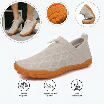 Scarpe sportive ortopediche con rete: dotate di supporto per l'arco plantare, alleviano il dolore; morbide e ammortizzanti.