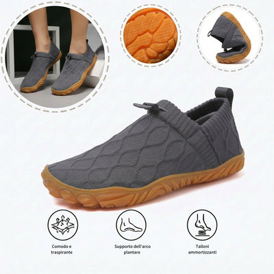 Scarpe sportive ortopediche con rete: dotate di supporto per l'arco plantare, alleviano il dolore; morbide e ammortizzanti.