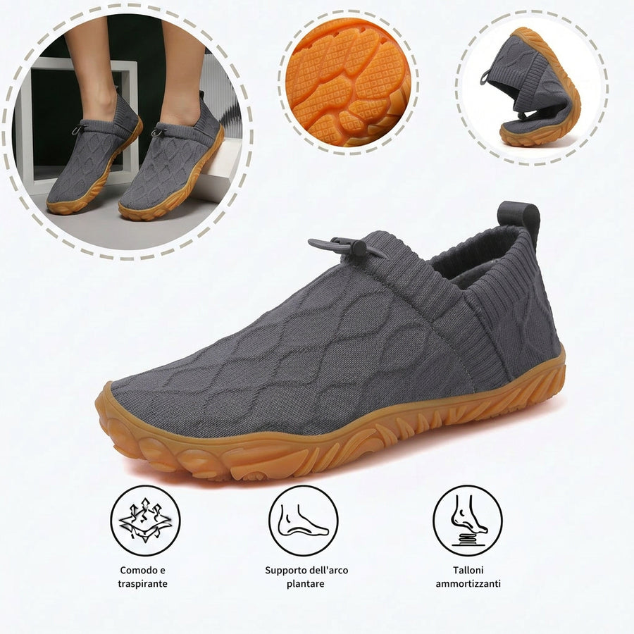 Scarpe sportive ortopediche con rete: dotate di supporto per l'arco plantare, alleviano il dolore; morbide e ammortizzanti.