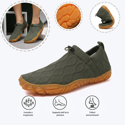 Scarpe sportive ortopediche con rete: dotate di supporto per l'arco plantare, alleviano il dolore; morbide e ammortizzanti.