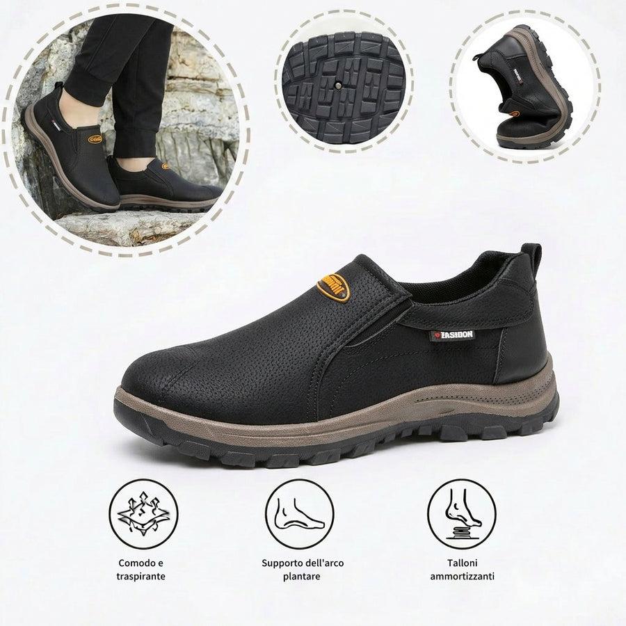 Comode scarpe ortopediche in pelle scamosciata: con supporto per l'arco plantare, alleviano il dolore, sono antiscivolo e ammortizzanti.