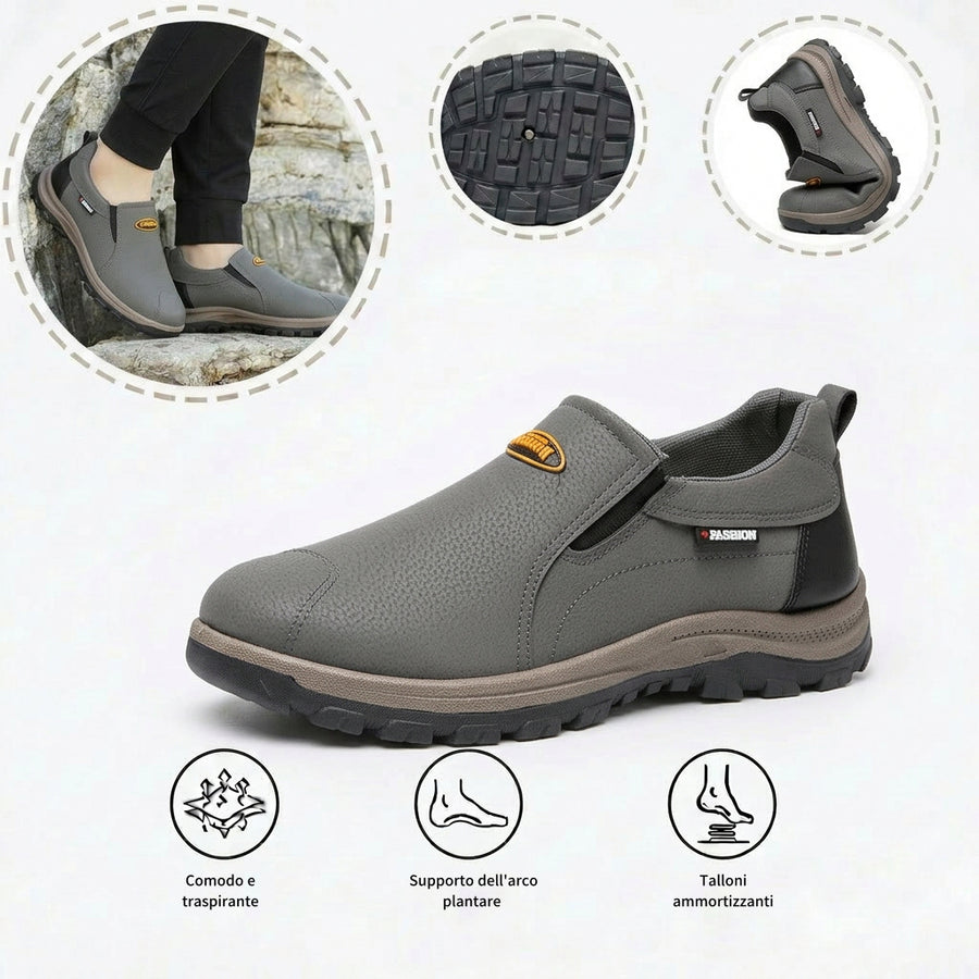 Comode scarpe ortopediche in pelle scamosciata: con supporto per l'arco plantare, alleviano il dolore, sono antiscivolo e ammortizzanti.