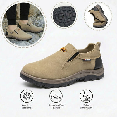 Comode scarpe ortopediche in pelle scamosciata: con supporto per l'arco plantare, alleviano il dolore, sono antiscivolo e ammortizzanti.