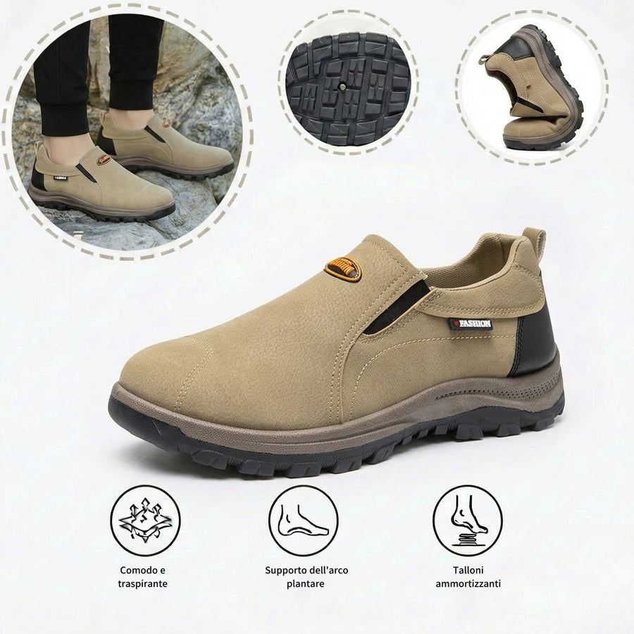Comode scarpe ortopediche in pelle scamosciata: con supporto per l'arco plantare, alleviano il dolore, sono antiscivolo e ammortizzanti.