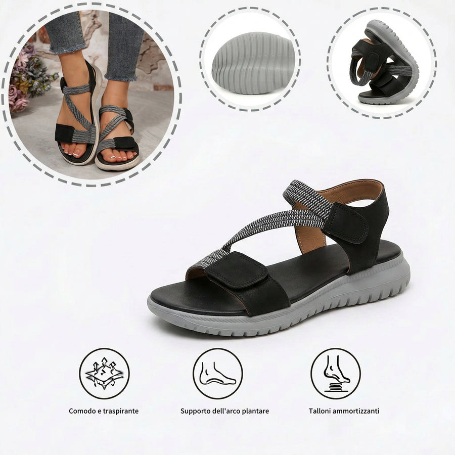 Sandali ortopedici comodi: supporto ergonomico dell'arco plantare, larghezza regolabile, slanciano la gamba.