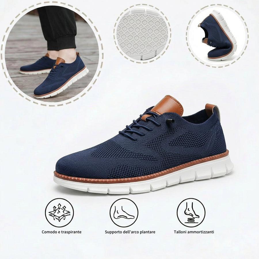 Scarpe sportive ortopediche a rete: dotate di supporto per l'arco plantare, alleviano il dolore; morbide e ammortizzanti.