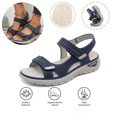 Sandali ortopedici comodi: supporto plantare ergonomico, larghezza regolabile, slanciano la gamba.